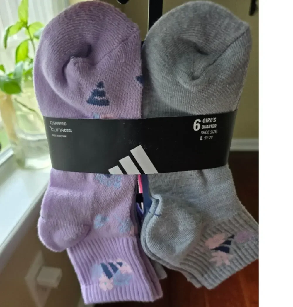 Adidas Girls' 6-Pack Athletic Cushioned Quarter Socks Multicolor Large (5Y-7Y)
